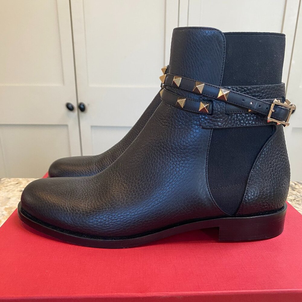 Valentino Garavani Black Ankle Boots with Gold Studs
